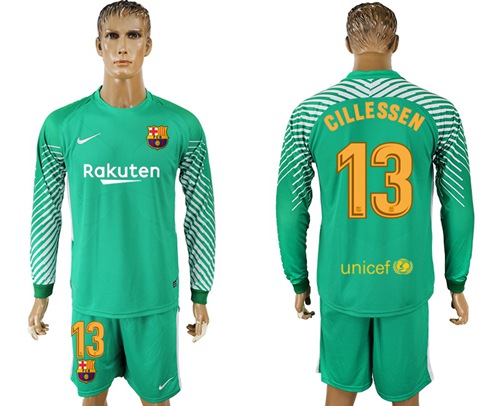 Barcelona #13 Cillessen Green Goalkeeper Long Sleeves Soccer Club Jersey
